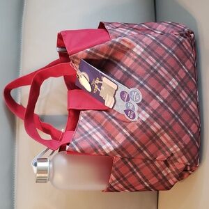 Fashionable red plaid large lunch tote bag 7 pc set NWT